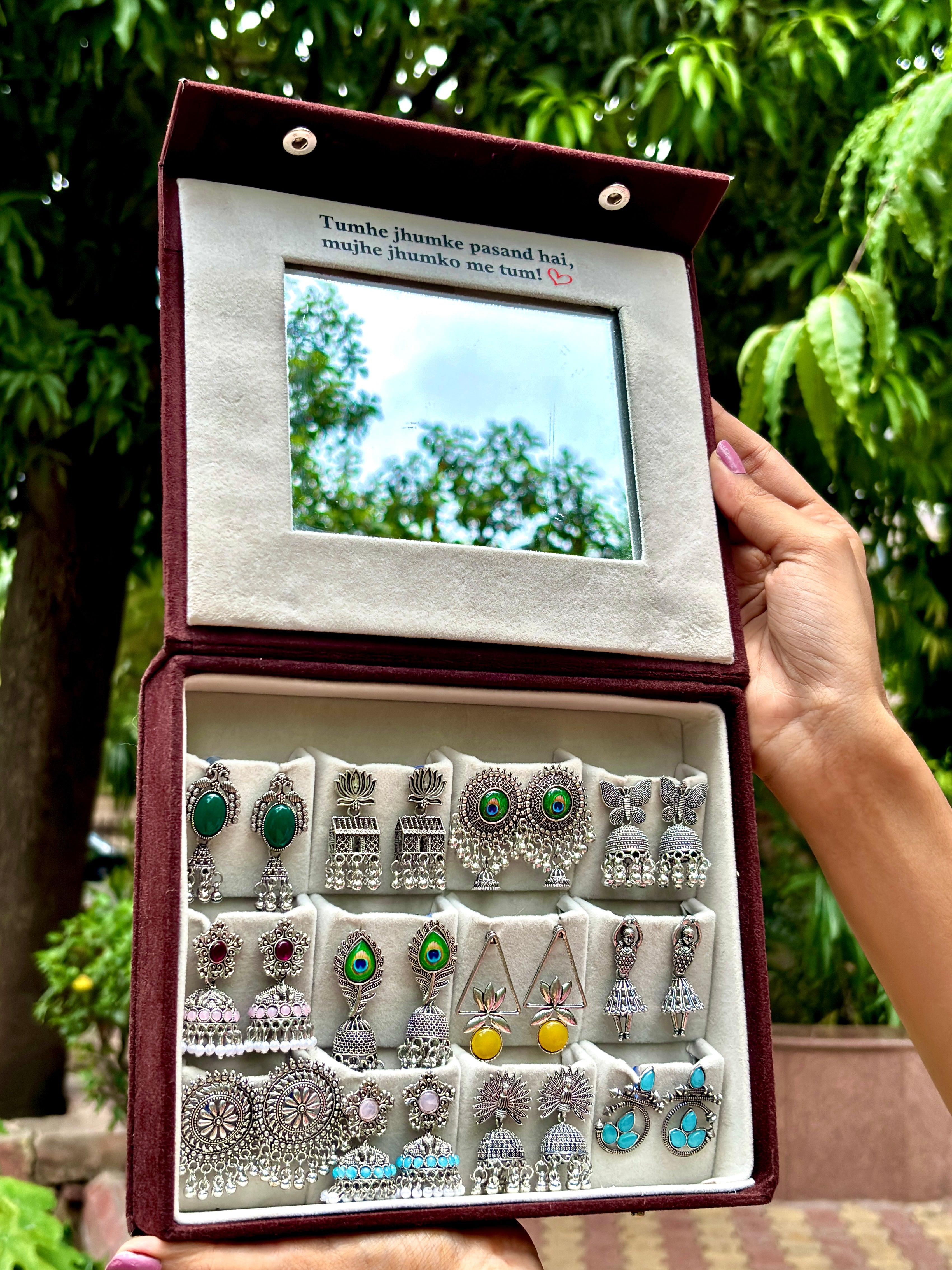 12 Pairs Premium Jhumka Collection with Velvet Mirror Box