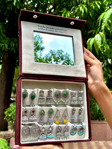 12 Pairs Premium Jhumka Collection with Velvet Mirror Box