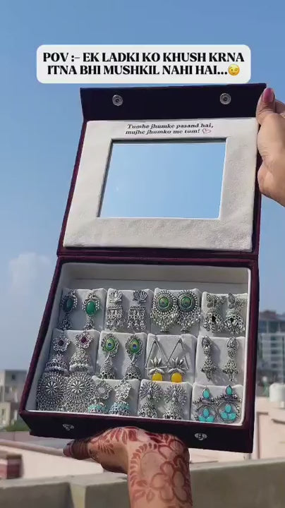 12 Pairs Premium Jhumka Collection with Velvet Mirror Box